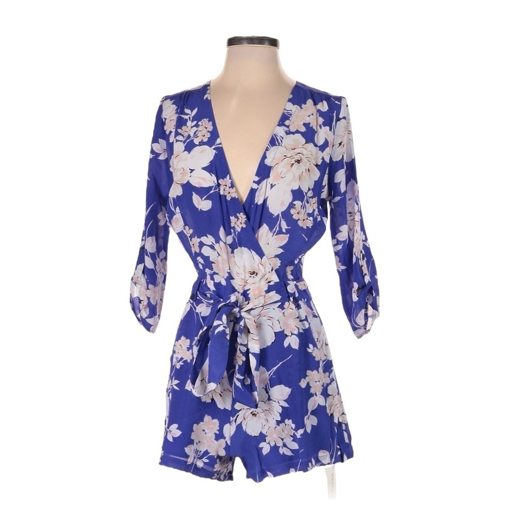 Yumi Kim Liz Silk Romper S Blue Floral Wrap V Neck 3/4 Sleeve NWT French Rose